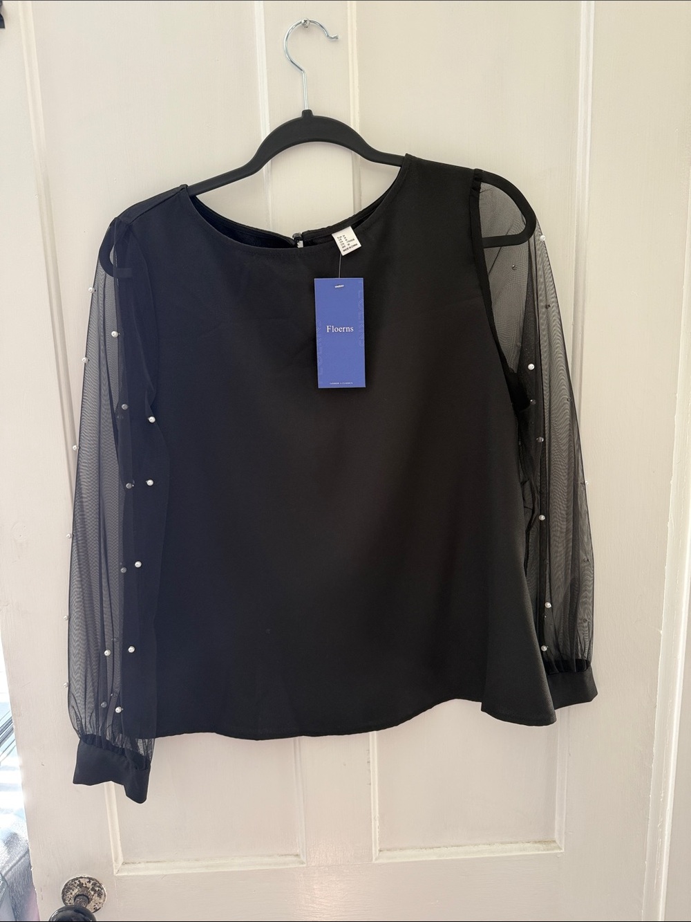 Black Sheer Pearl-Sleeve Blouse still has tags